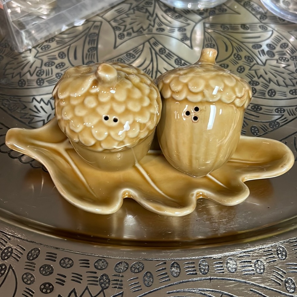 💫 NWT Acorn Salt & Pepper set with tray 💫